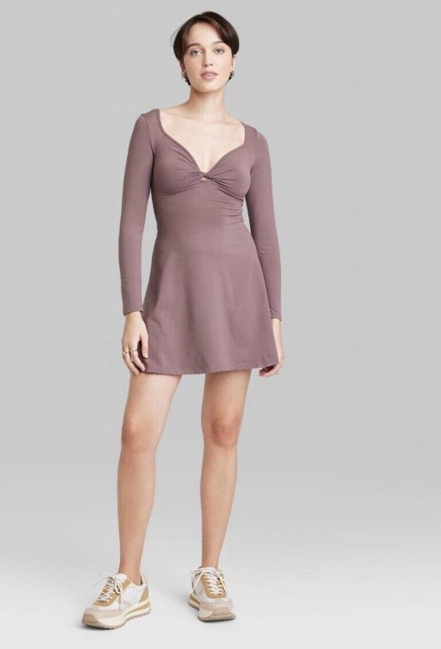 Women's Long Sleeve Twist-Front Mini Knit Skater Dress - Wild Fable Chestnut M